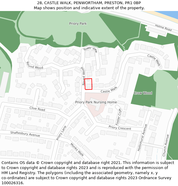 28, CASTLE WALK, PENWORTHAM, PRESTON, PR1 0BP: Location map and indicative extent of plot