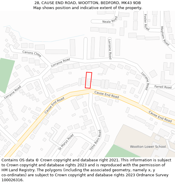 28, CAUSE END ROAD, WOOTTON, BEDFORD, MK43 9DB: Location map and indicative extent of plot