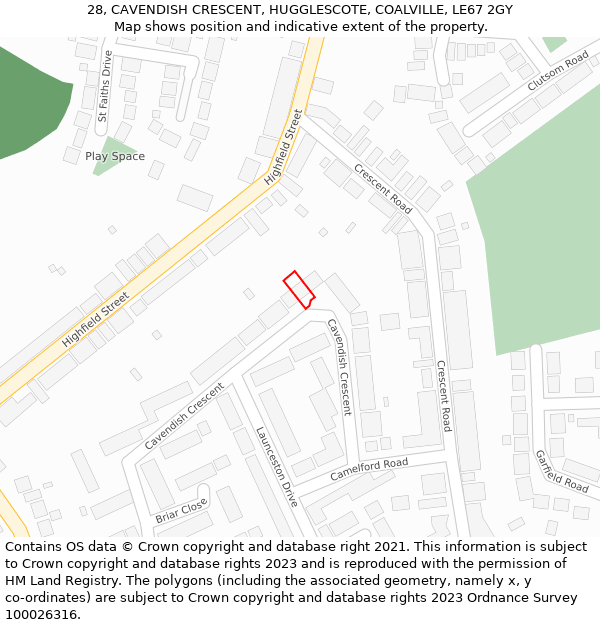 28, CAVENDISH CRESCENT, HUGGLESCOTE, COALVILLE, LE67 2GY: Location map and indicative extent of plot