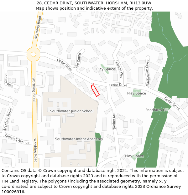 28, CEDAR DRIVE, SOUTHWATER, HORSHAM, RH13 9UW: Location map and indicative extent of plot