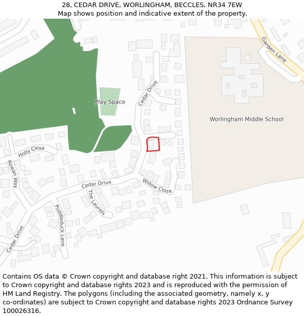 28, CEDAR DRIVE, WORLINGHAM, BECCLES, NR34 7EW: Location map and indicative extent of plot