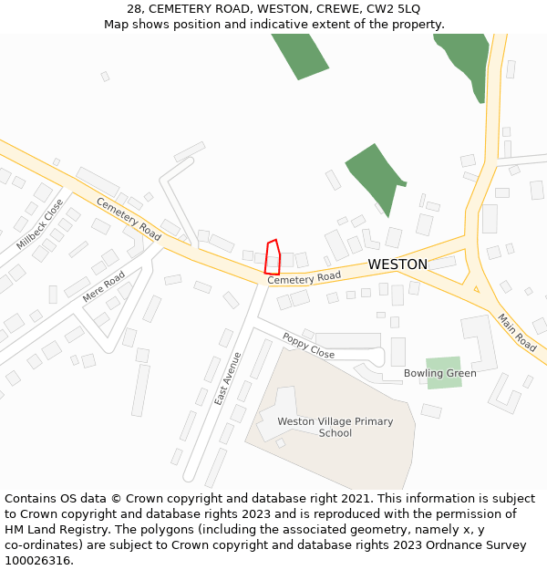 28, CEMETERY ROAD, WESTON, CREWE, CW2 5LQ: Location map and indicative extent of plot