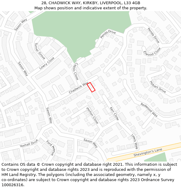 28, CHADWICK WAY, KIRKBY, LIVERPOOL, L33 4GB: Location map and indicative extent of plot