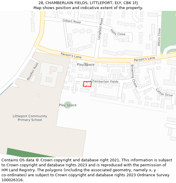 28, CHAMBERLAIN FIELDS, LITTLEPORT, ELY, CB6 1FJ: Location map and indicative extent of plot