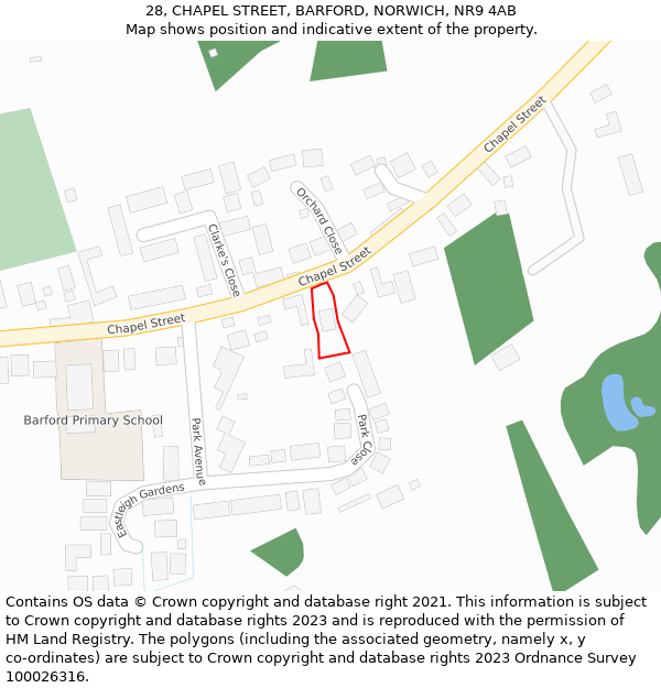28, CHAPEL STREET, BARFORD, NORWICH, NR9 4AB: Location map and indicative extent of plot