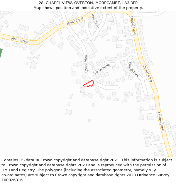 28, CHAPEL VIEW, OVERTON, MORECAMBE, LA3 3EP: Location map and indicative extent of plot