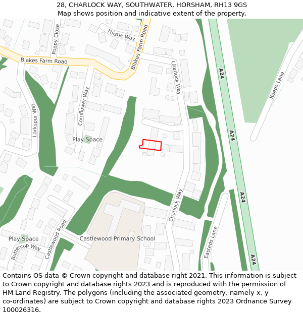 28, CHARLOCK WAY, SOUTHWATER, HORSHAM, RH13 9GS: Location map and indicative extent of plot