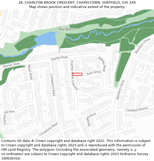 28, CHARLTON BROOK CRESCENT, CHAPELTOWN, SHEFFIELD, S35 2XR: Location map and indicative extent of plot