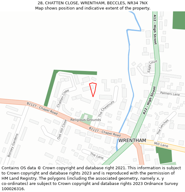 28, CHATTEN CLOSE, WRENTHAM, BECCLES, NR34 7NX: Location map and indicative extent of plot