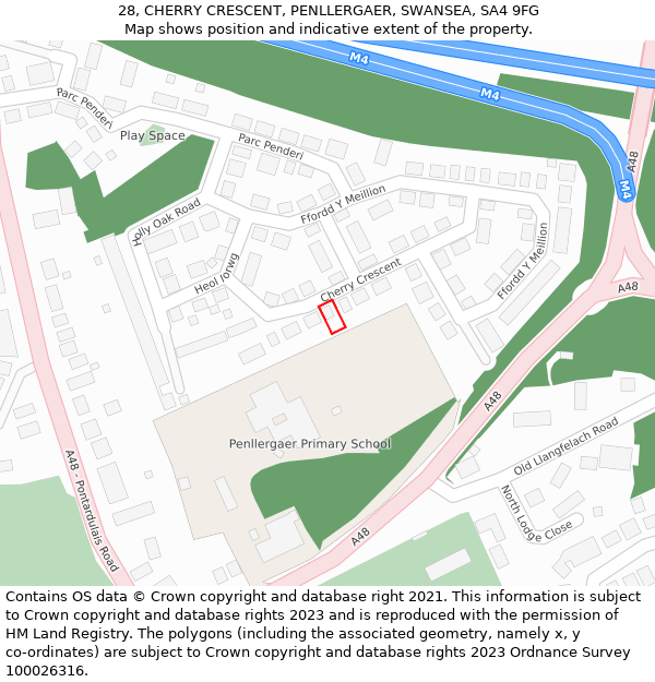 28, CHERRY CRESCENT, PENLLERGAER, SWANSEA, SA4 9FG: Location map and indicative extent of plot