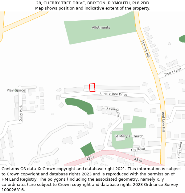 28, CHERRY TREE DRIVE, BRIXTON, PLYMOUTH, PL8 2DD: Location map and indicative extent of plot