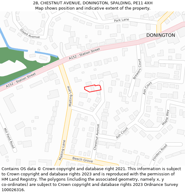 28, CHESTNUT AVENUE, DONINGTON, SPALDING, PE11 4XH: Location map and indicative extent of plot