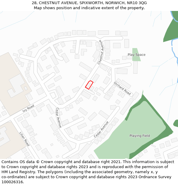 28, CHESTNUT AVENUE, SPIXWORTH, NORWICH, NR10 3QG: Location map and indicative extent of plot