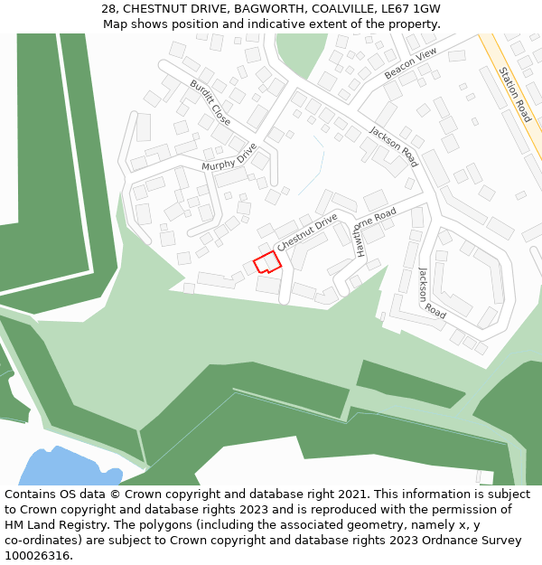 28, CHESTNUT DRIVE, BAGWORTH, COALVILLE, LE67 1GW: Location map and indicative extent of plot