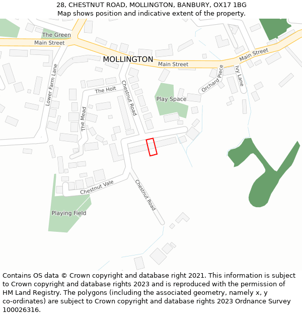 28, CHESTNUT ROAD, MOLLINGTON, BANBURY, OX17 1BG: Location map and indicative extent of plot