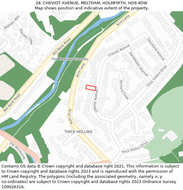 28, CHEVIOT AVENUE, MELTHAM, HOLMFIRTH, HD9 4DW: Location map and indicative extent of plot