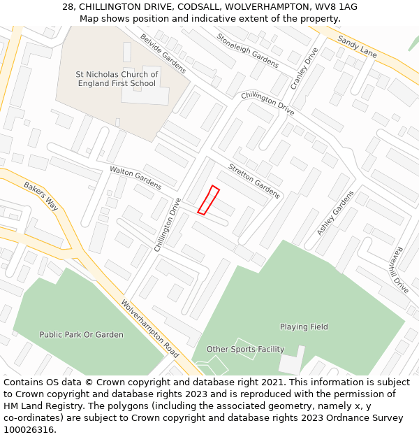 28, CHILLINGTON DRIVE, CODSALL, WOLVERHAMPTON, WV8 1AG: Location map and indicative extent of plot