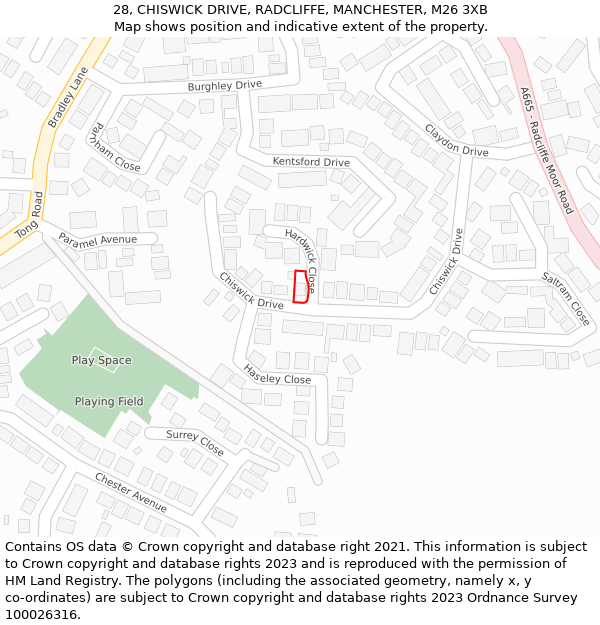 28, CHISWICK DRIVE, RADCLIFFE, MANCHESTER, M26 3XB: Location map and indicative extent of plot
