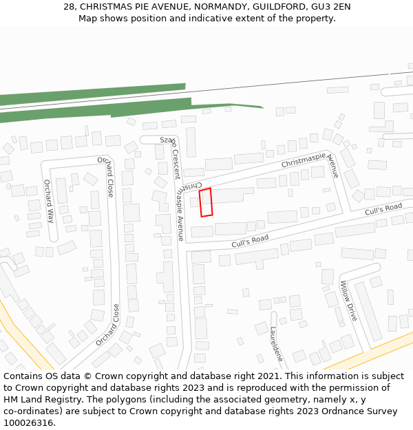 28, CHRISTMAS PIE AVENUE, NORMANDY, GUILDFORD, GU3 2EN: Location map and indicative extent of plot