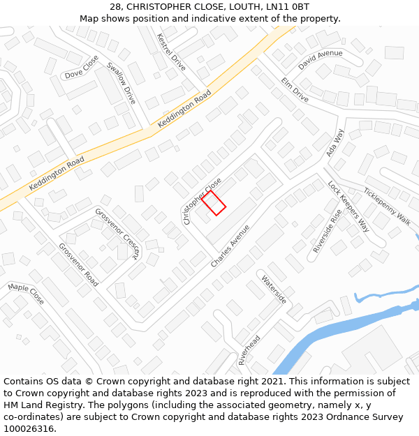 28, CHRISTOPHER CLOSE, LOUTH, LN11 0BT: Location map and indicative extent of plot