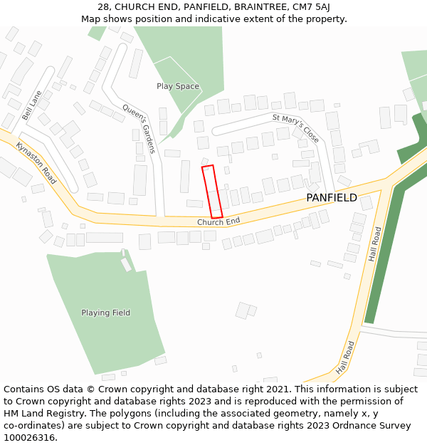 28, CHURCH END, PANFIELD, BRAINTREE, CM7 5AJ: Location map and indicative extent of plot