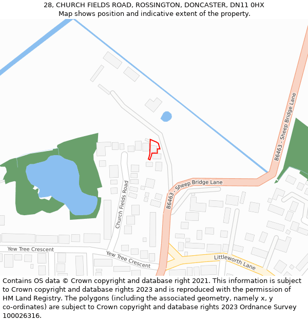 28, CHURCH FIELDS ROAD, ROSSINGTON, DONCASTER, DN11 0HX: Location map and indicative extent of plot