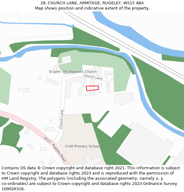 28, CHURCH LANE, ARMITAGE, RUGELEY, WS15 4BA: Location map and indicative extent of plot