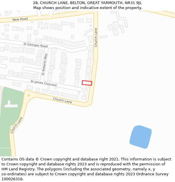 28, CHURCH LANE, BELTON, GREAT YARMOUTH, NR31 9JL: Location map and indicative extent of plot