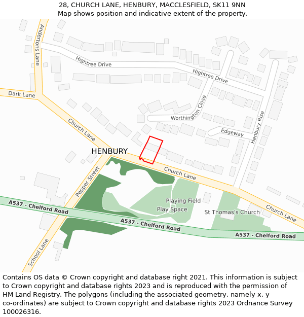 28, CHURCH LANE, HENBURY, MACCLESFIELD, SK11 9NN: Location map and indicative extent of plot
