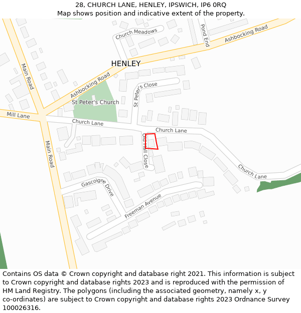 28, CHURCH LANE, HENLEY, IPSWICH, IP6 0RQ: Location map and indicative extent of plot