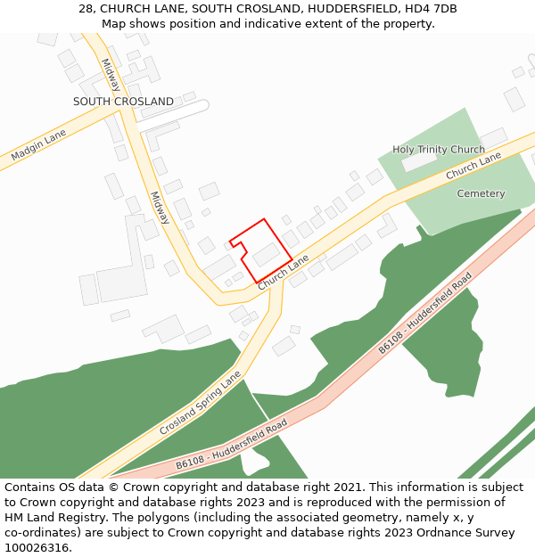 28, CHURCH LANE, SOUTH CROSLAND, HUDDERSFIELD, HD4 7DB: Location map and indicative extent of plot