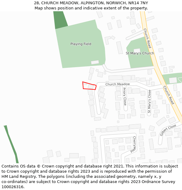 28, CHURCH MEADOW, ALPINGTON, NORWICH, NR14 7NY: Location map and indicative extent of plot