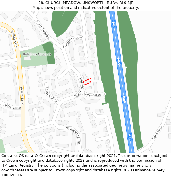 28, CHURCH MEADOW, UNSWORTH, BURY, BL9 8JF: Location map and indicative extent of plot