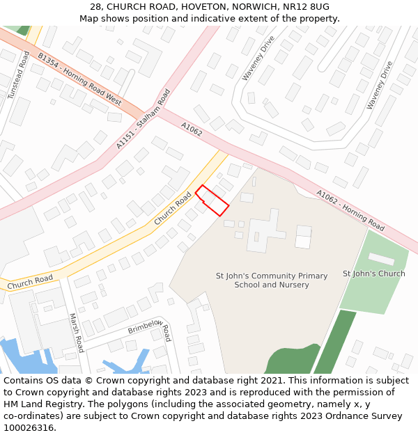 28, CHURCH ROAD, HOVETON, NORWICH, NR12 8UG: Location map and indicative extent of plot