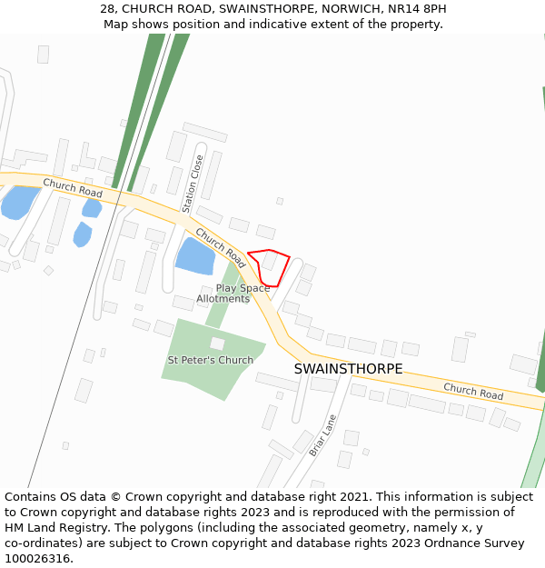 28, CHURCH ROAD, SWAINSTHORPE, NORWICH, NR14 8PH: Location map and indicative extent of plot