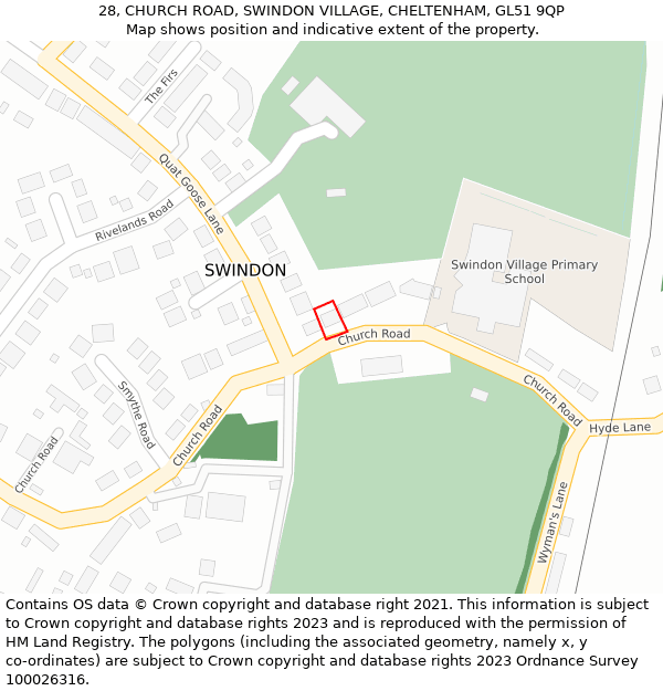 28, CHURCH ROAD, SWINDON VILLAGE, CHELTENHAM, GL51 9QP: Location map and indicative extent of plot