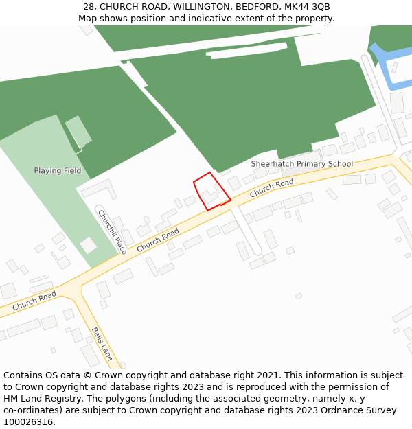 28, CHURCH ROAD, WILLINGTON, BEDFORD, MK44 3QB: Location map and indicative extent of plot