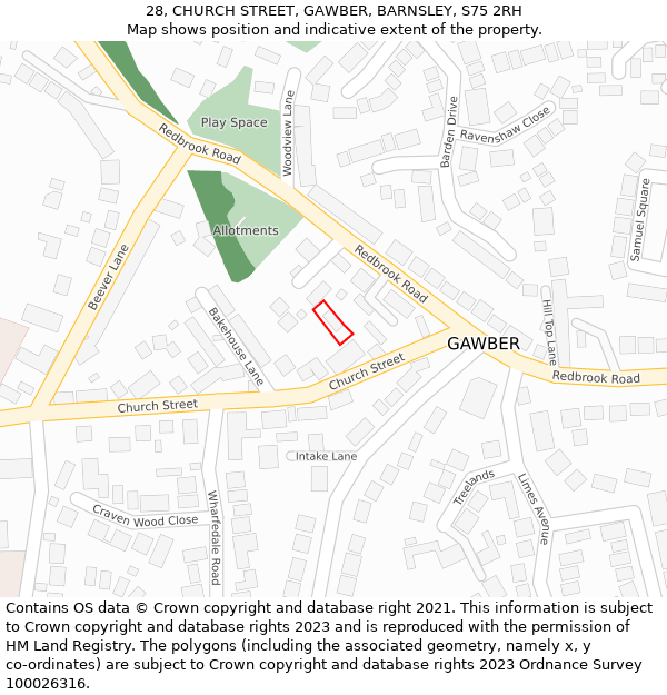 28, CHURCH STREET, GAWBER, BARNSLEY, S75 2RH: Location map and indicative extent of plot