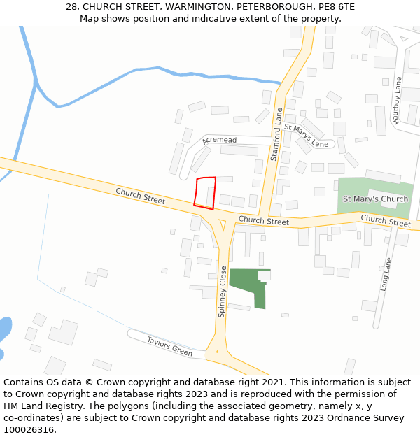 28, CHURCH STREET, WARMINGTON, PETERBOROUGH, PE8 6TE: Location map and indicative extent of plot
