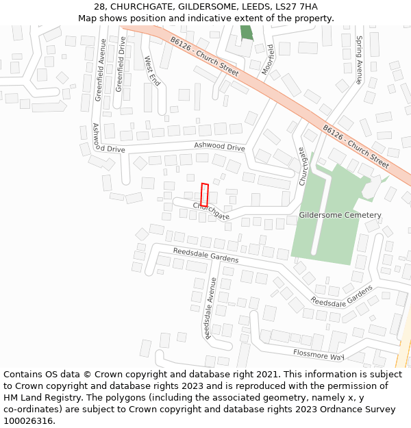 28, CHURCHGATE, GILDERSOME, LEEDS, LS27 7HA: Location map and indicative extent of plot