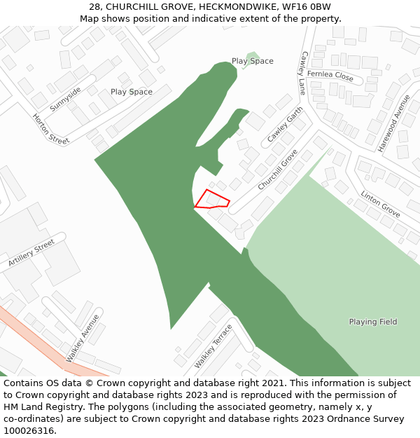 28, CHURCHILL GROVE, HECKMONDWIKE, WF16 0BW: Location map and indicative extent of plot