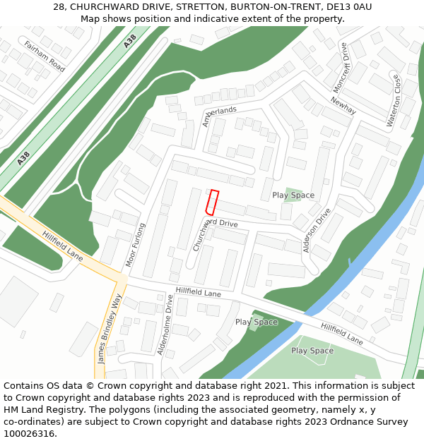 28, CHURCHWARD DRIVE, STRETTON, BURTON-ON-TRENT, DE13 0AU: Location map and indicative extent of plot