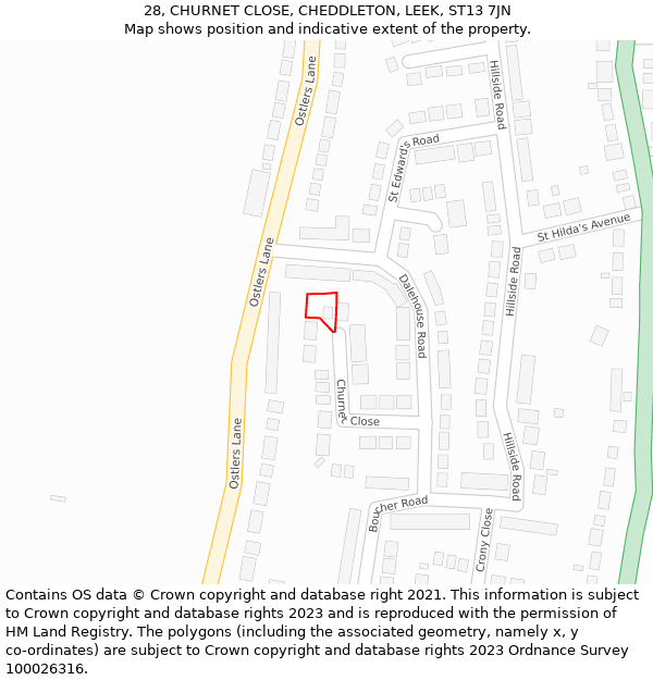 28, CHURNET CLOSE, CHEDDLETON, LEEK, ST13 7JN: Location map and indicative extent of plot