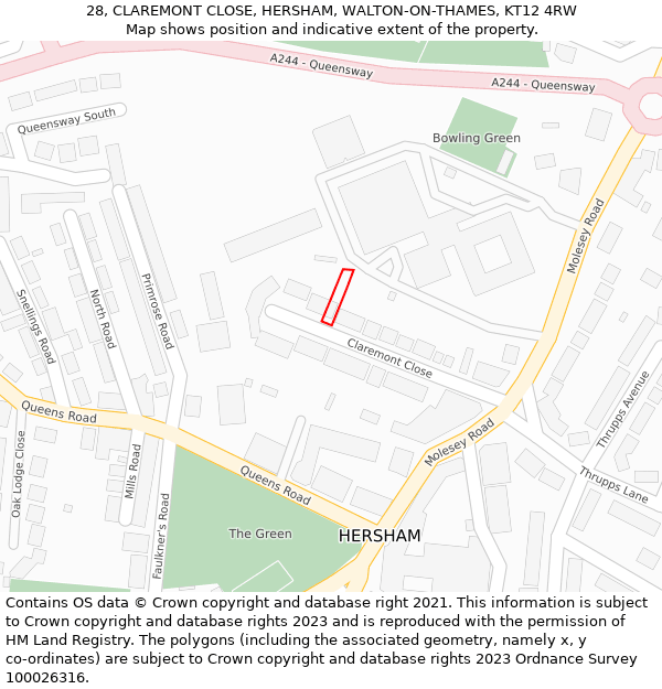 28, CLAREMONT CLOSE, HERSHAM, WALTON-ON-THAMES, KT12 4RW: Location map and indicative extent of plot