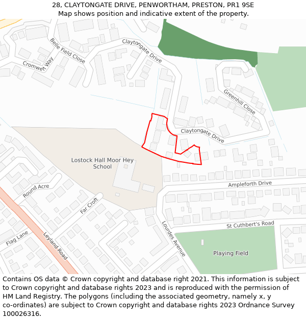 28, CLAYTONGATE DRIVE, PENWORTHAM, PRESTON, PR1 9SE: Location map and indicative extent of plot