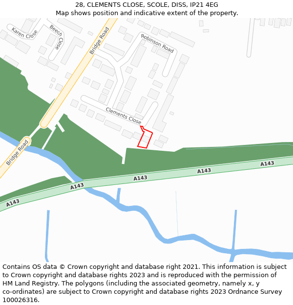 28, CLEMENTS CLOSE, SCOLE, DISS, IP21 4EG: Location map and indicative extent of plot