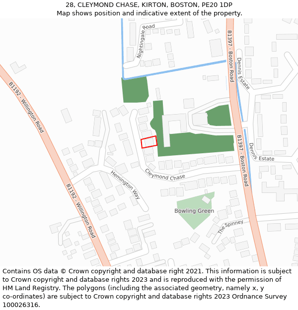 28, CLEYMOND CHASE, KIRTON, BOSTON, PE20 1DP: Location map and indicative extent of plot