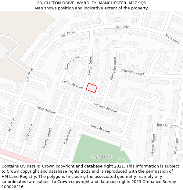 28, CLIFTON DRIVE, WARDLEY, MANCHESTER, M27 9QS: Location map and indicative extent of plot