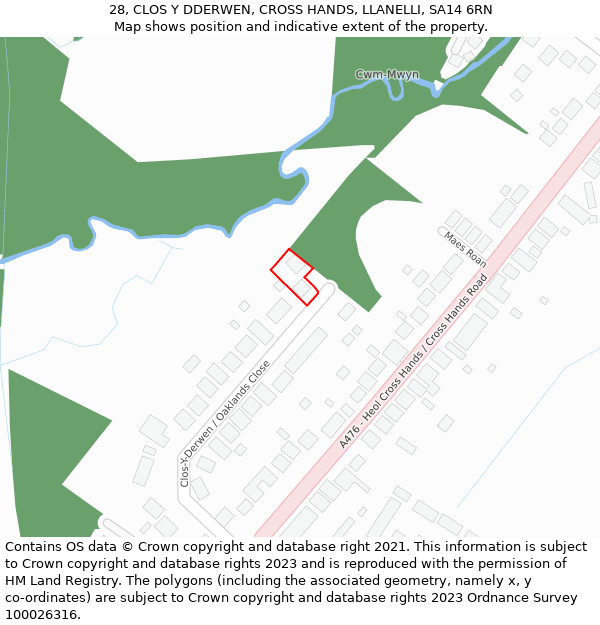 28, CLOS Y DDERWEN, CROSS HANDS, LLANELLI, SA14 6RN: Location map and indicative extent of plot