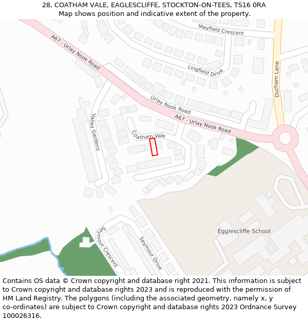 28, COATHAM VALE, EAGLESCLIFFE, STOCKTON-ON-TEES, TS16 0RA: Location map and indicative extent of plot